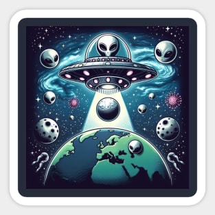 Grey Aliens in a UFO Sticker